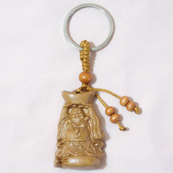Laughing Buddha Keychain Hotei Carved Peach Wood Pendant Abundance Good Luck Fas - Picture 8 of 8